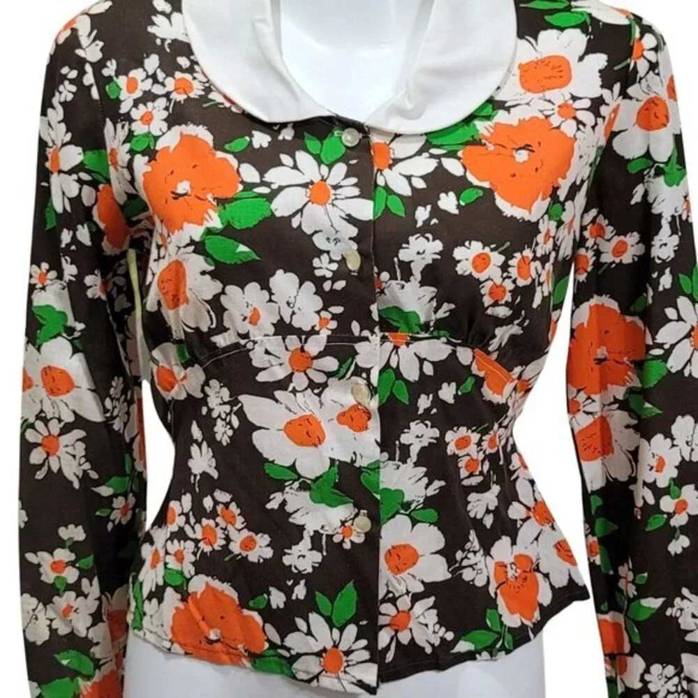 Vintage Floral Long Sleeve Blouse Top Shirt Peter Pan Collar Button Front - Picture 2 of 8